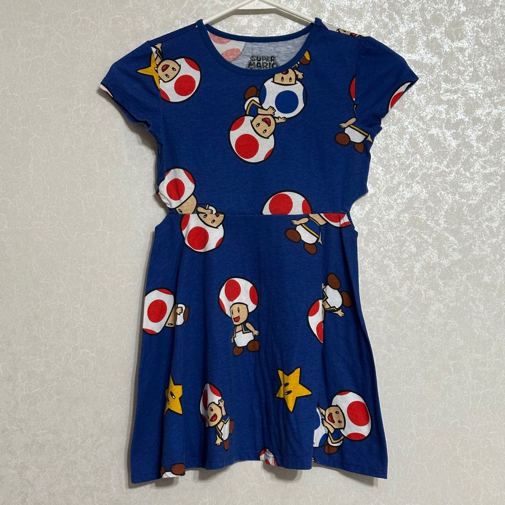 Super Mario Bros Nintendo Toad Character Print Cut-Out Skater Dress Blue Kids S